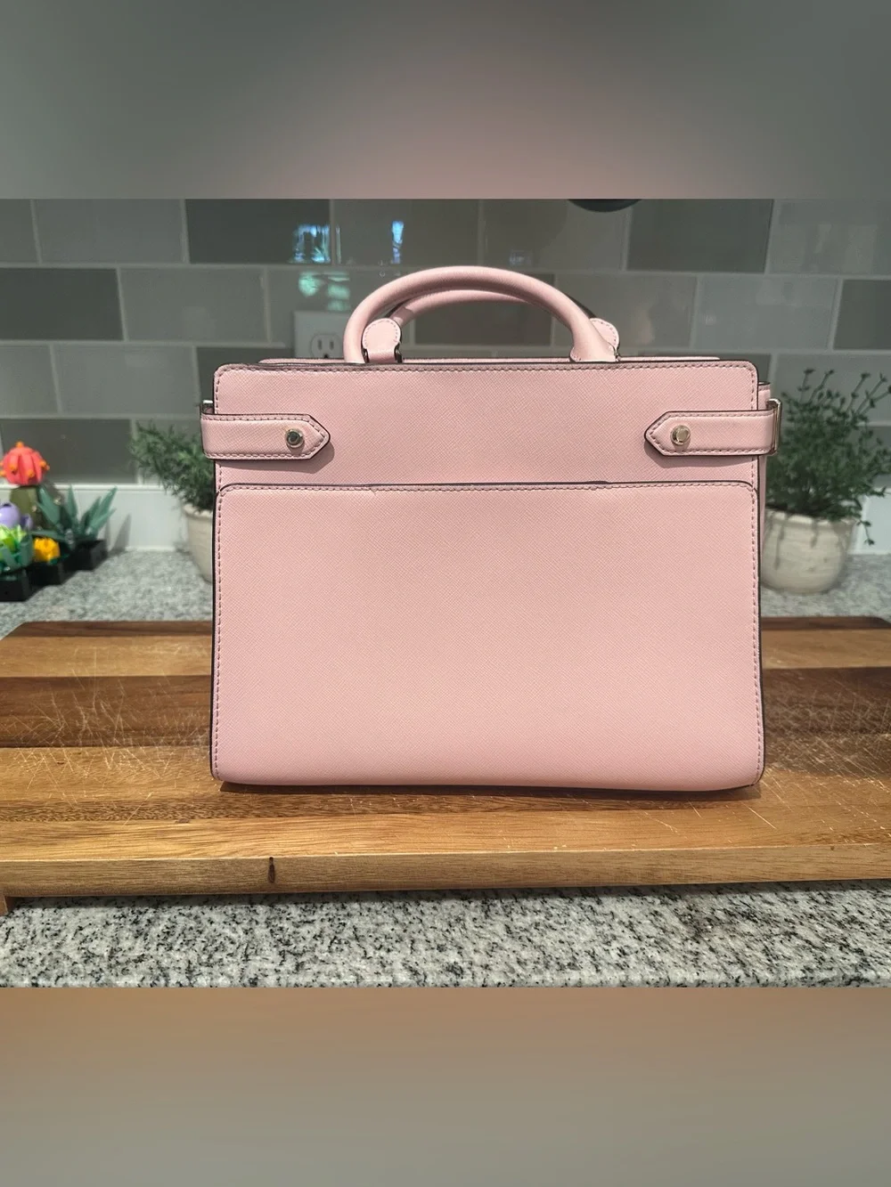 Kate Spade New York structured satchel in a blush pink saffiano leather